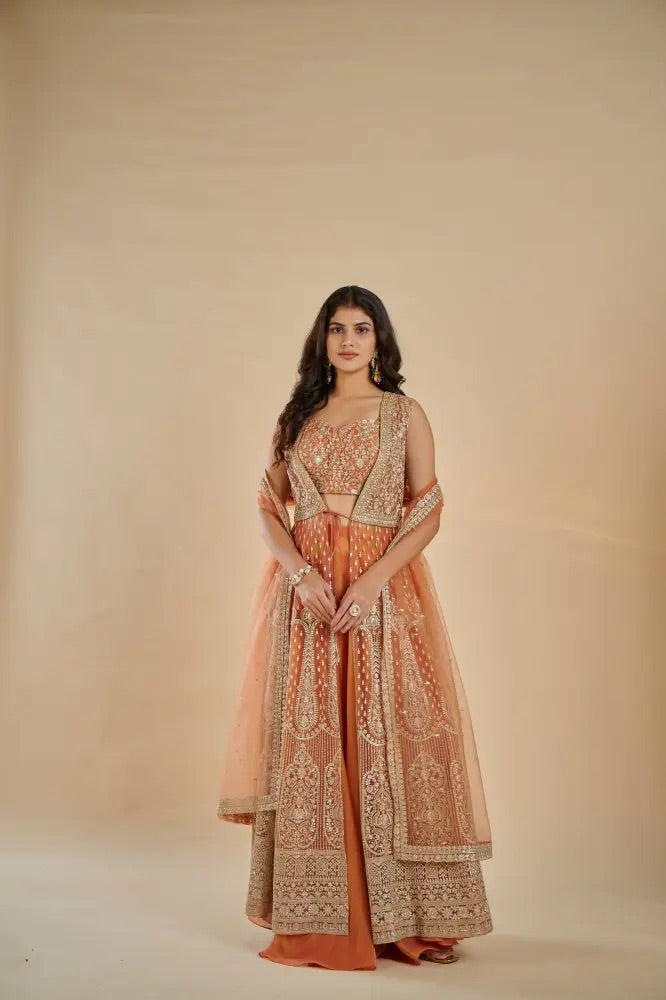 Terracotta Embroidered Indo-Western Set