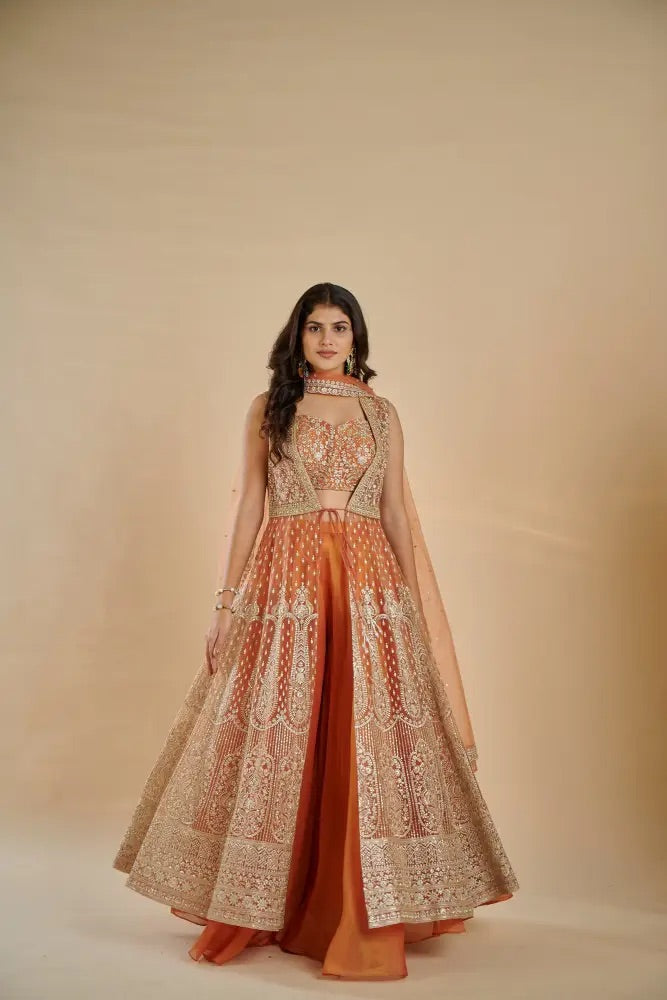 Terracotta Embroidered Indo-Western Set