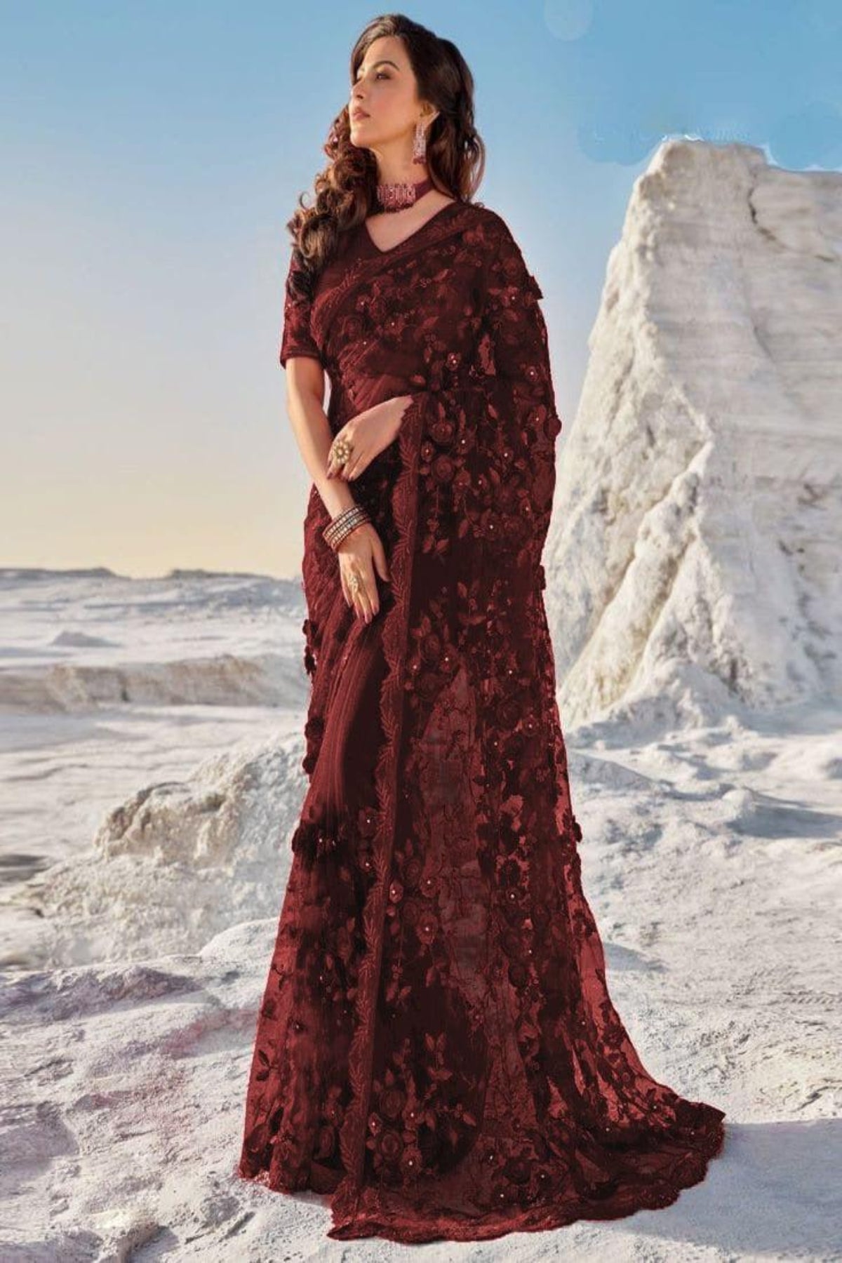 Maroon Embroidered Net Saree - Dorie