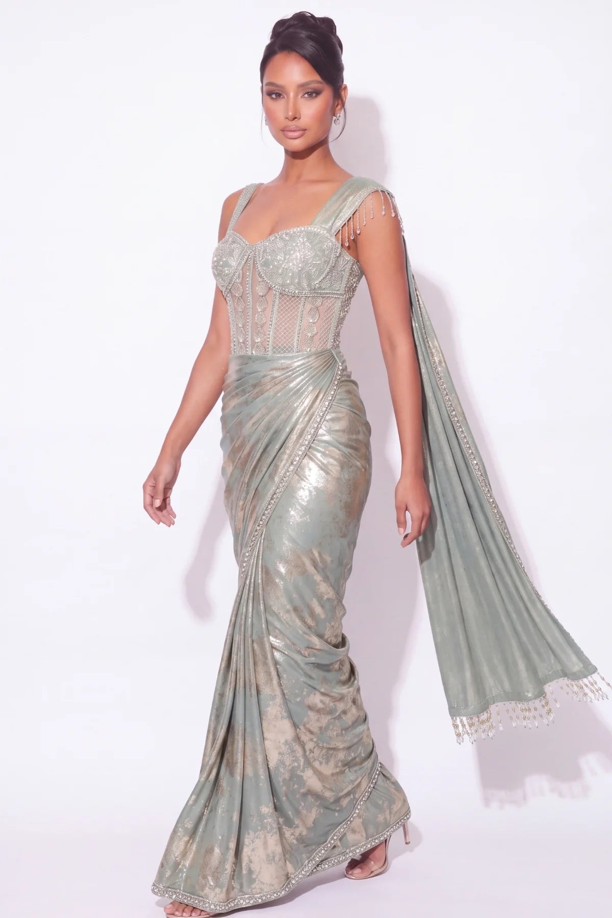 Lichen Pre-Draped Corset Saree - Dorie Atelier