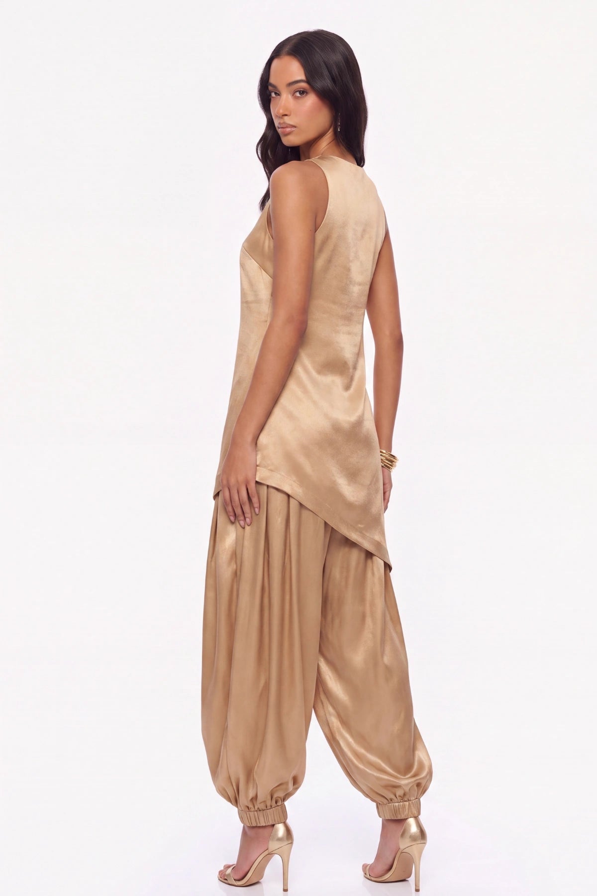 Liquid Gold Asymmetric Top and Balloon Salwar Set - Dorie Atelier