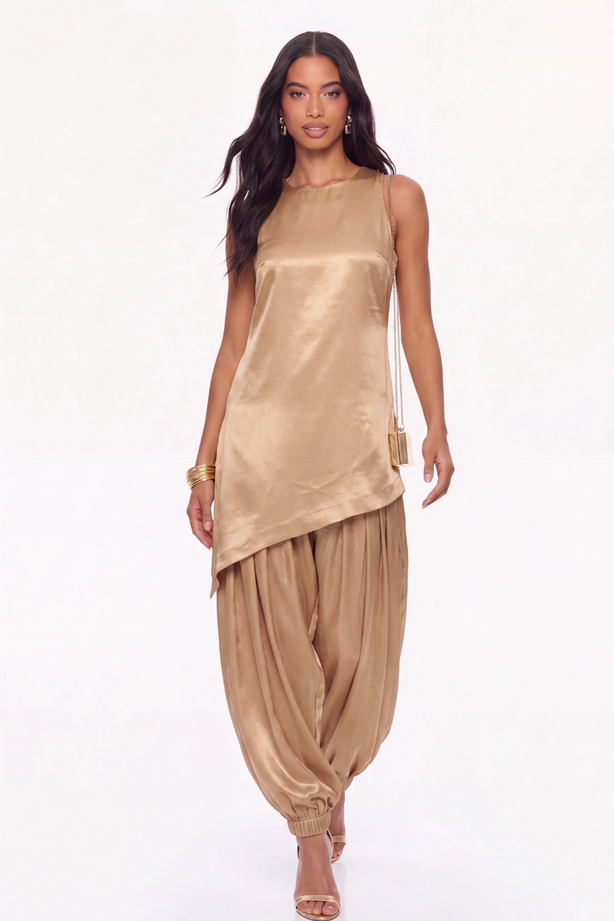 Liquid Gold Asymmetric Top and Balloon Salwar Set - Dorie Atelier