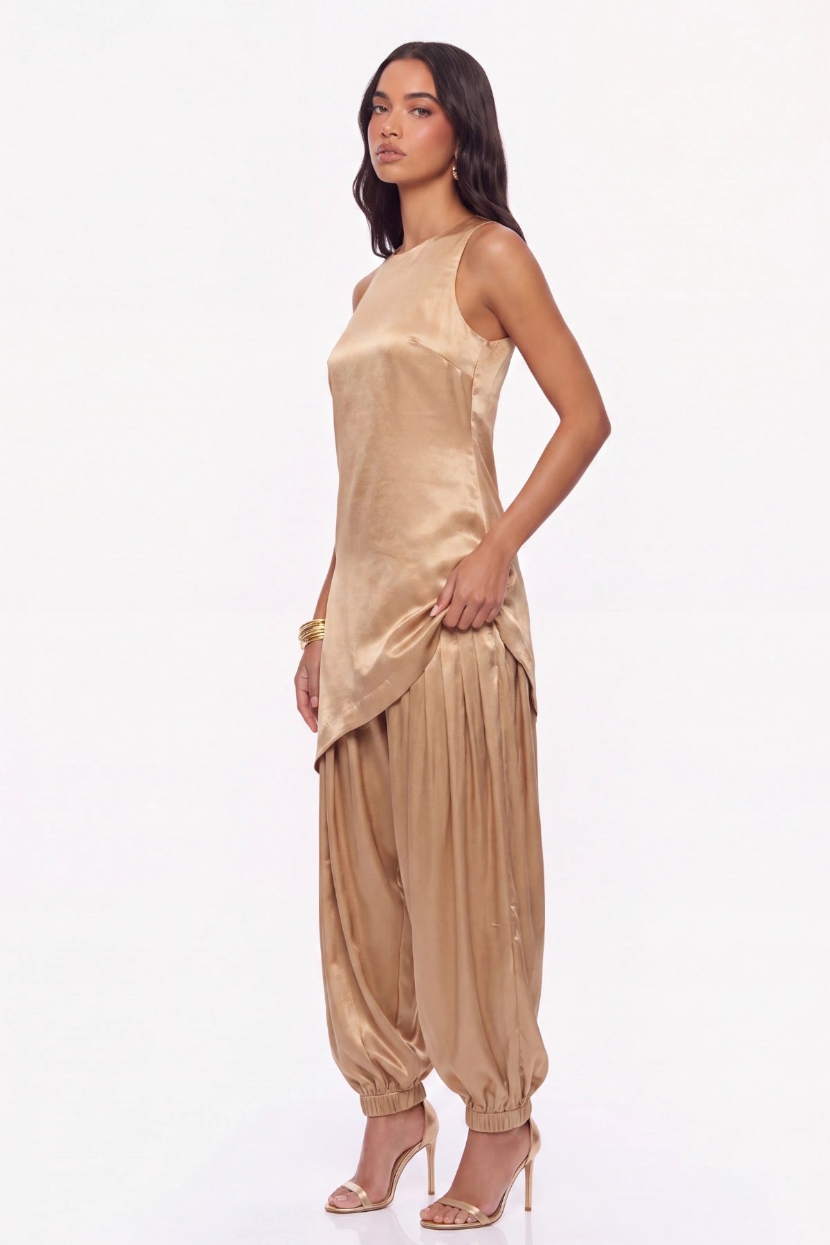 Liquid Gold Asymmetric Top and Balloon Salwar Set - Dorie Atelier