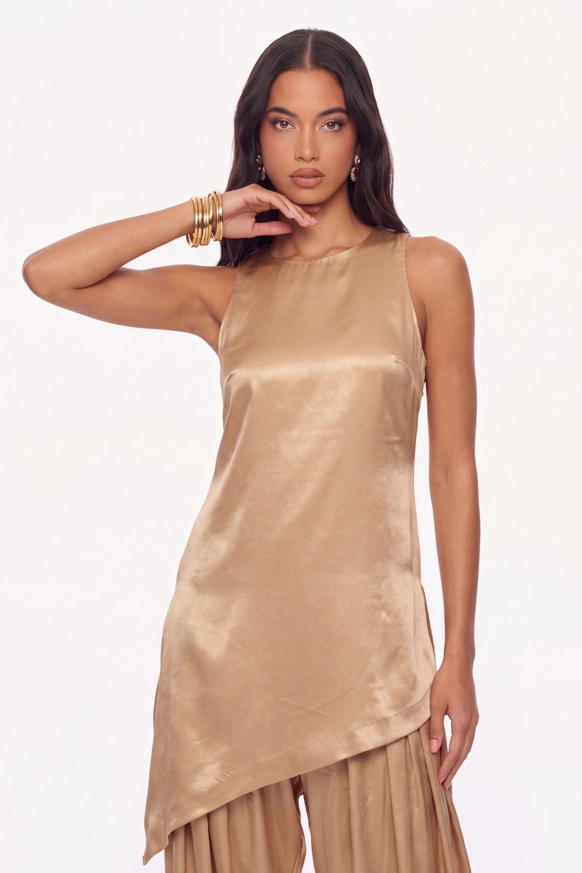 Liquid Gold Asymmetric Top and Balloon Salwar Set - Dorie Atelier
