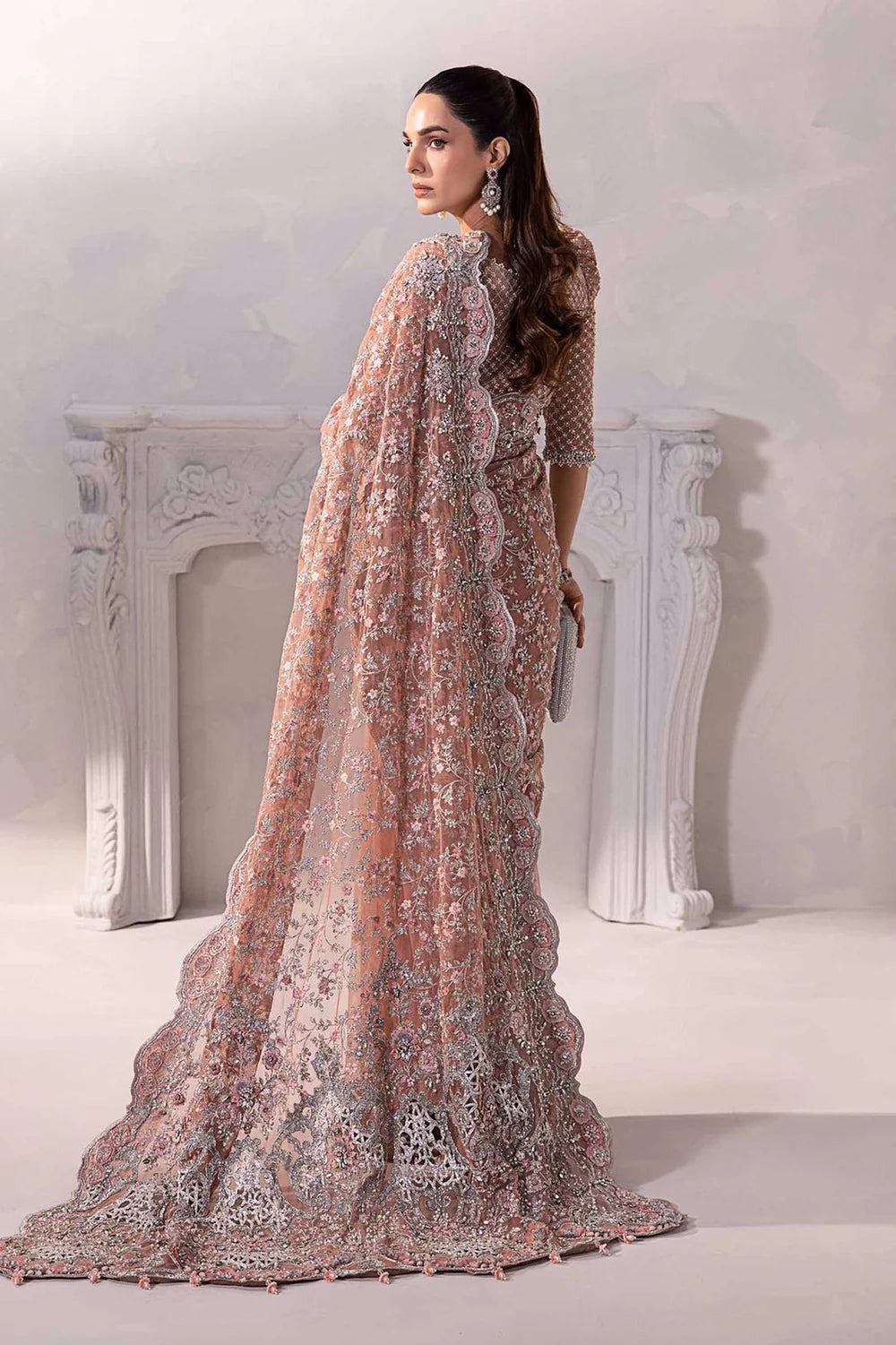 Peach Embroidered Net Saree - Dorie