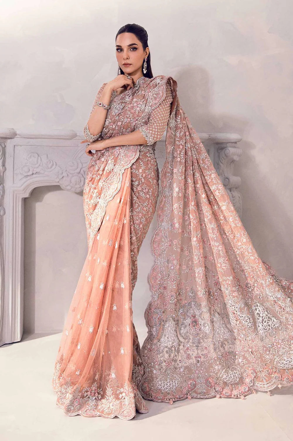 Peach Embroidered Net Saree - Dorie