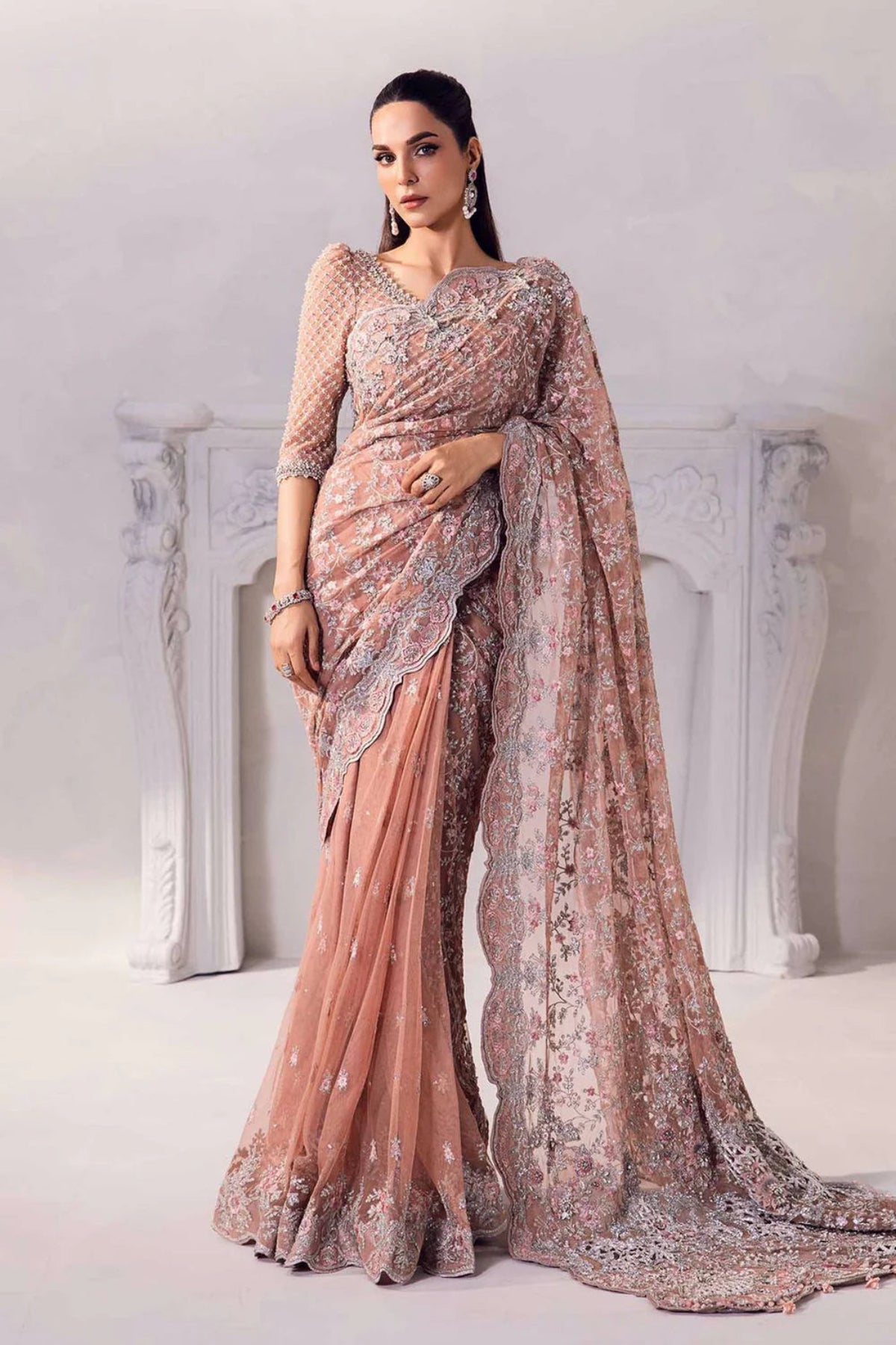 Peach Embroidered Net Saree - Dorie