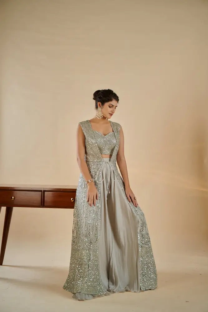 Champagne Sequin Indo-Western Set