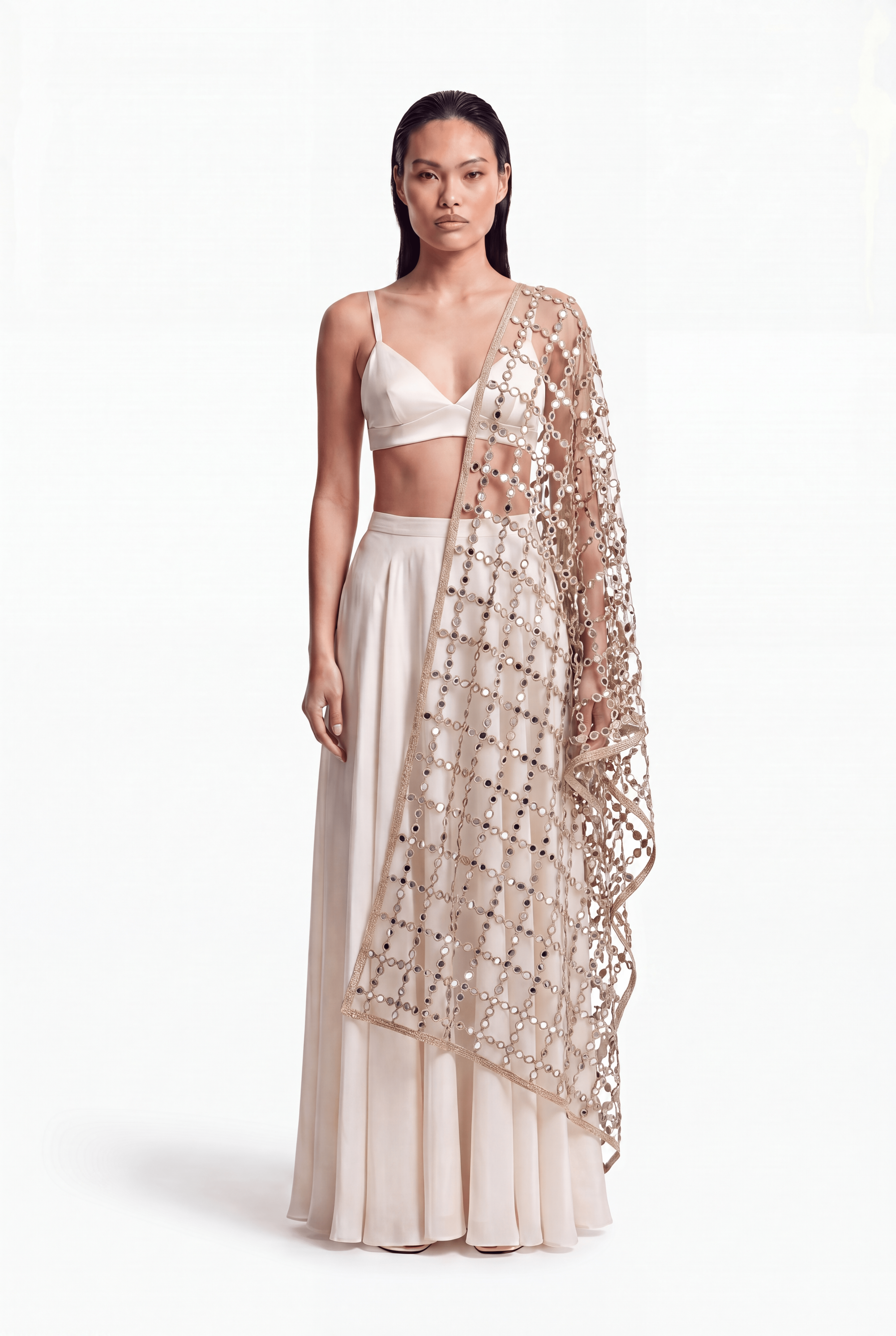 Mirror Veil Dupatta with real glass mirror embroidery, worn over an ivory slip set - Dorie Atelier