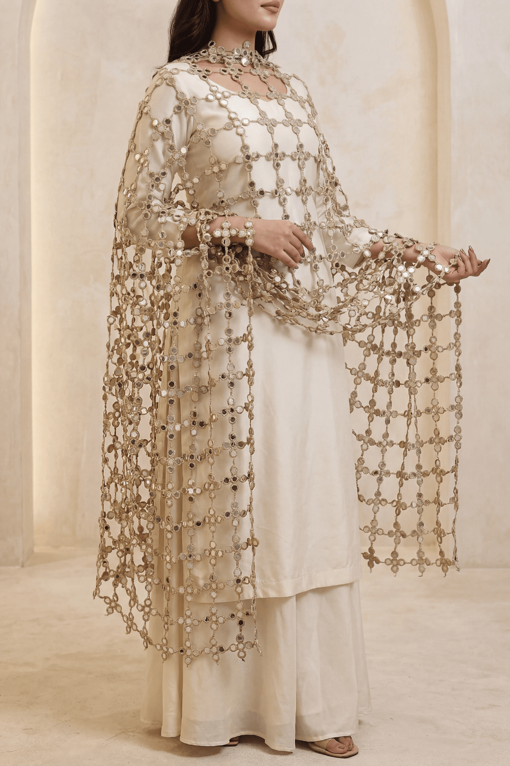 Mirror Veil Dupatta in faux mirror finish worn with an ivory kurta set - Dorie Atelier