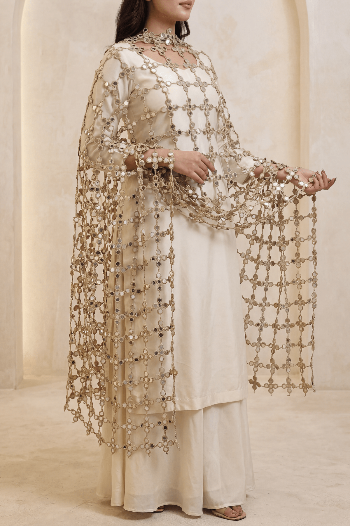 Mirror Veil Dupatta in faux mirror finish worn with an ivory kurta set - Dorie Atelier