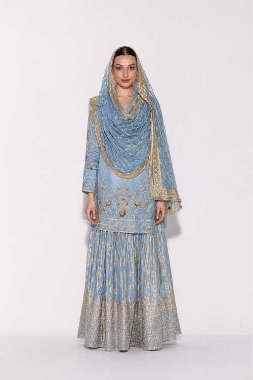 Powder blue net zari sharara set by Dorie Atelier — front view