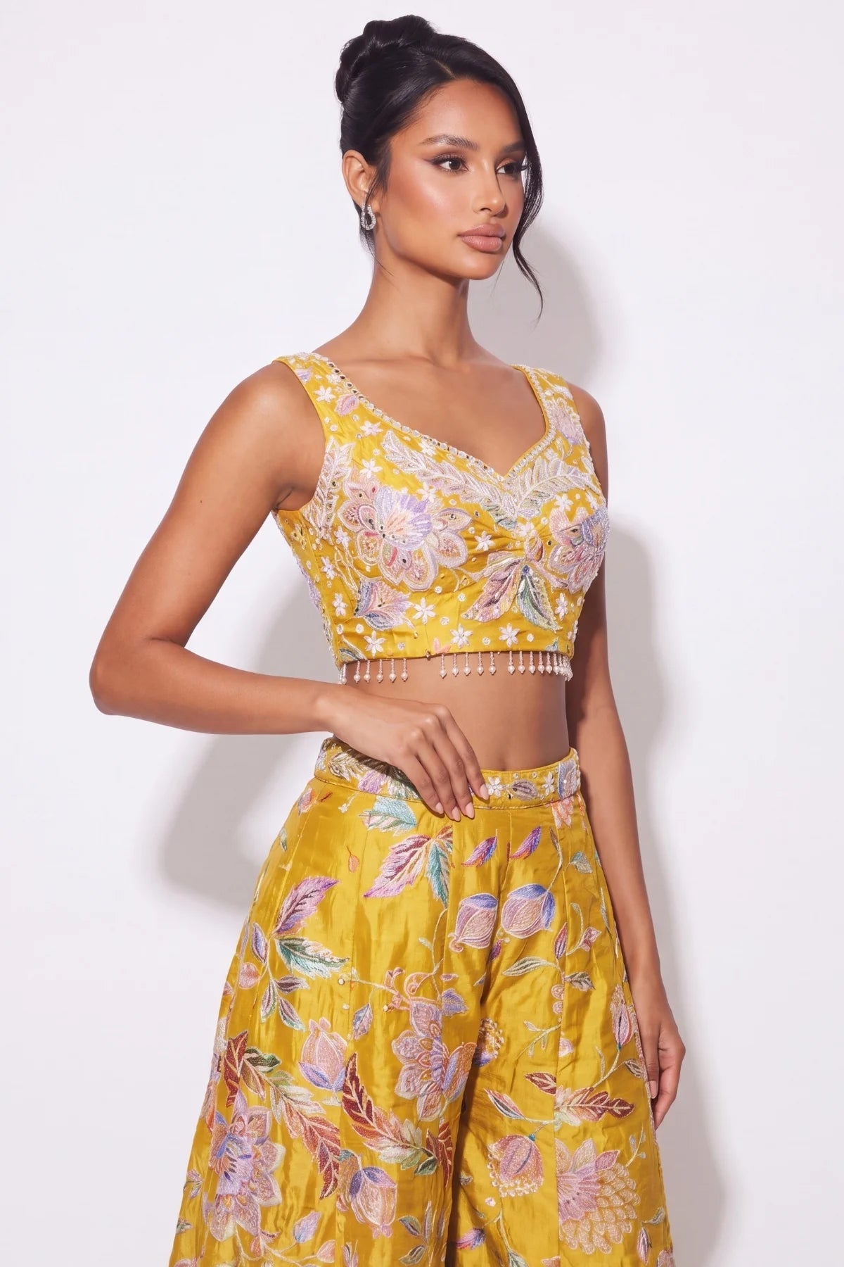 Mustard Fleuri Palazzo Set - Dorie Atelier