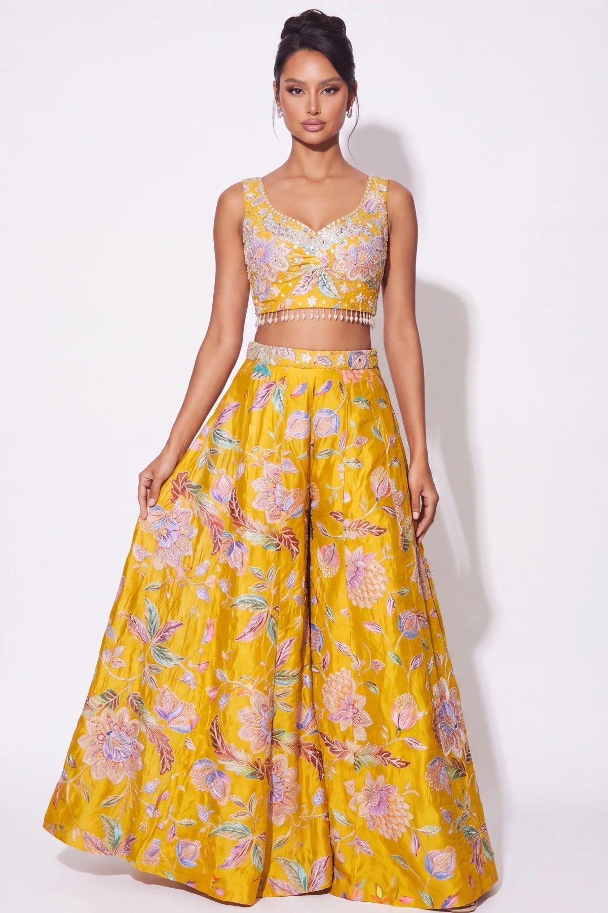 Mustard Fleuri Palazzo Set - Dorie Atelier