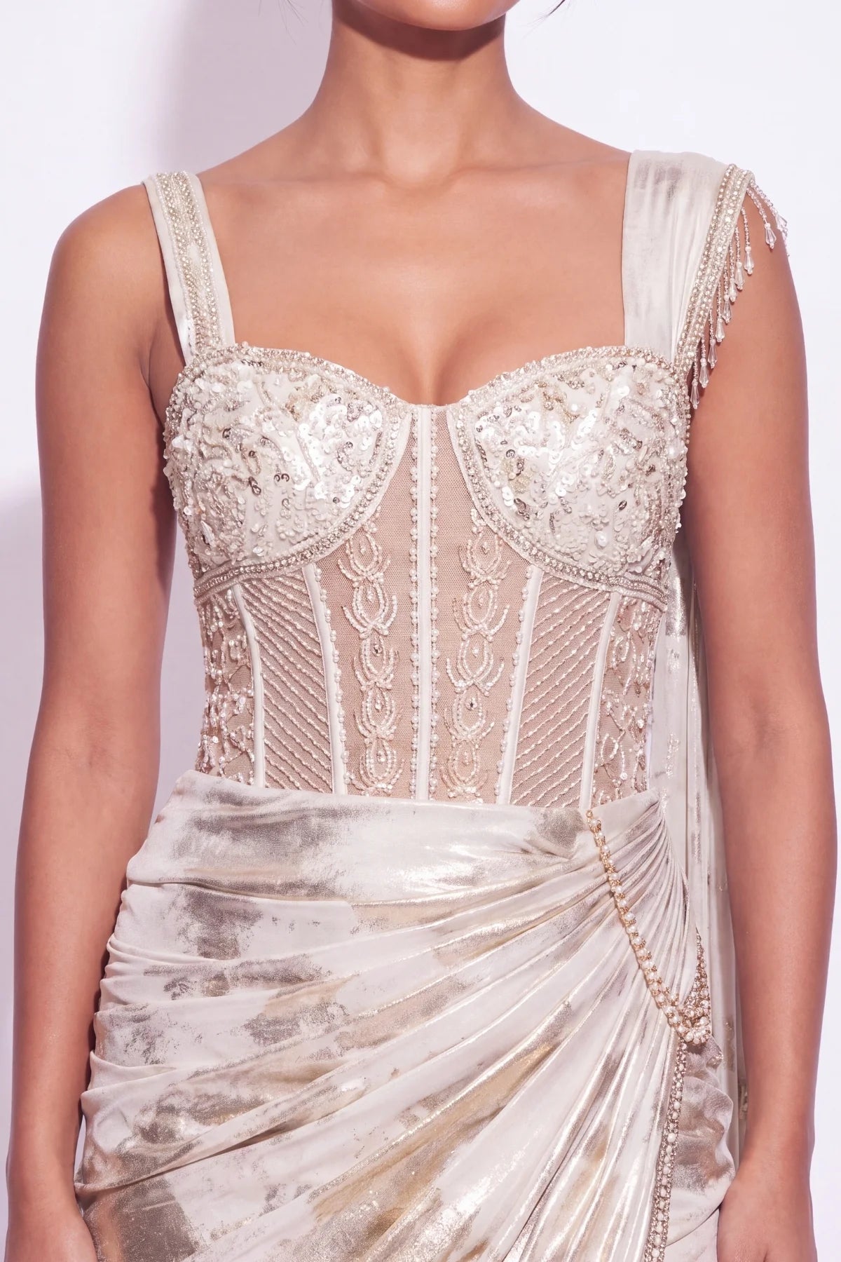 Nacre Pre-Draped Corset Saree - Dorie Atelier