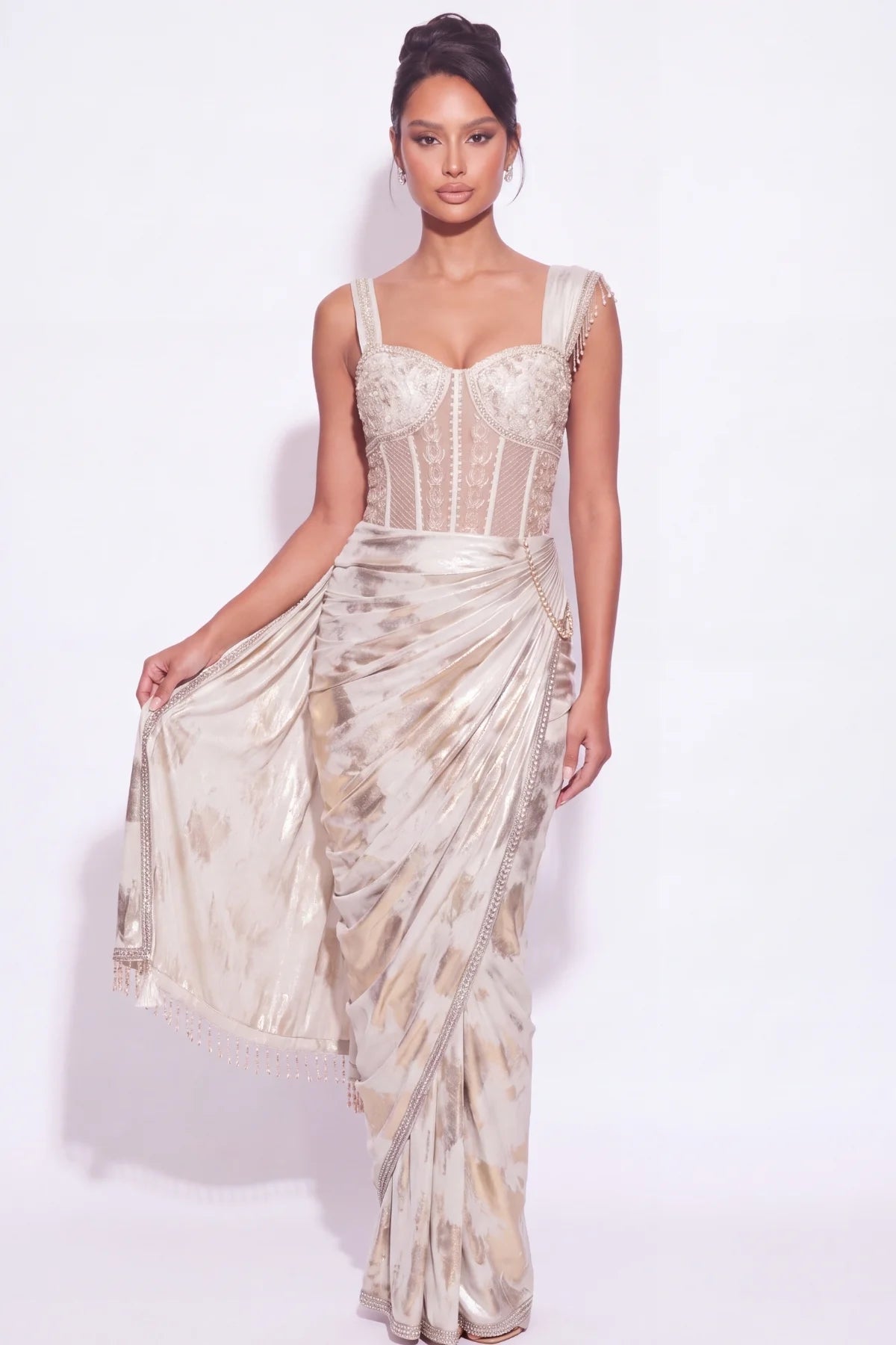 Nacre Pre-Draped Corset Saree - Dorie Atelier