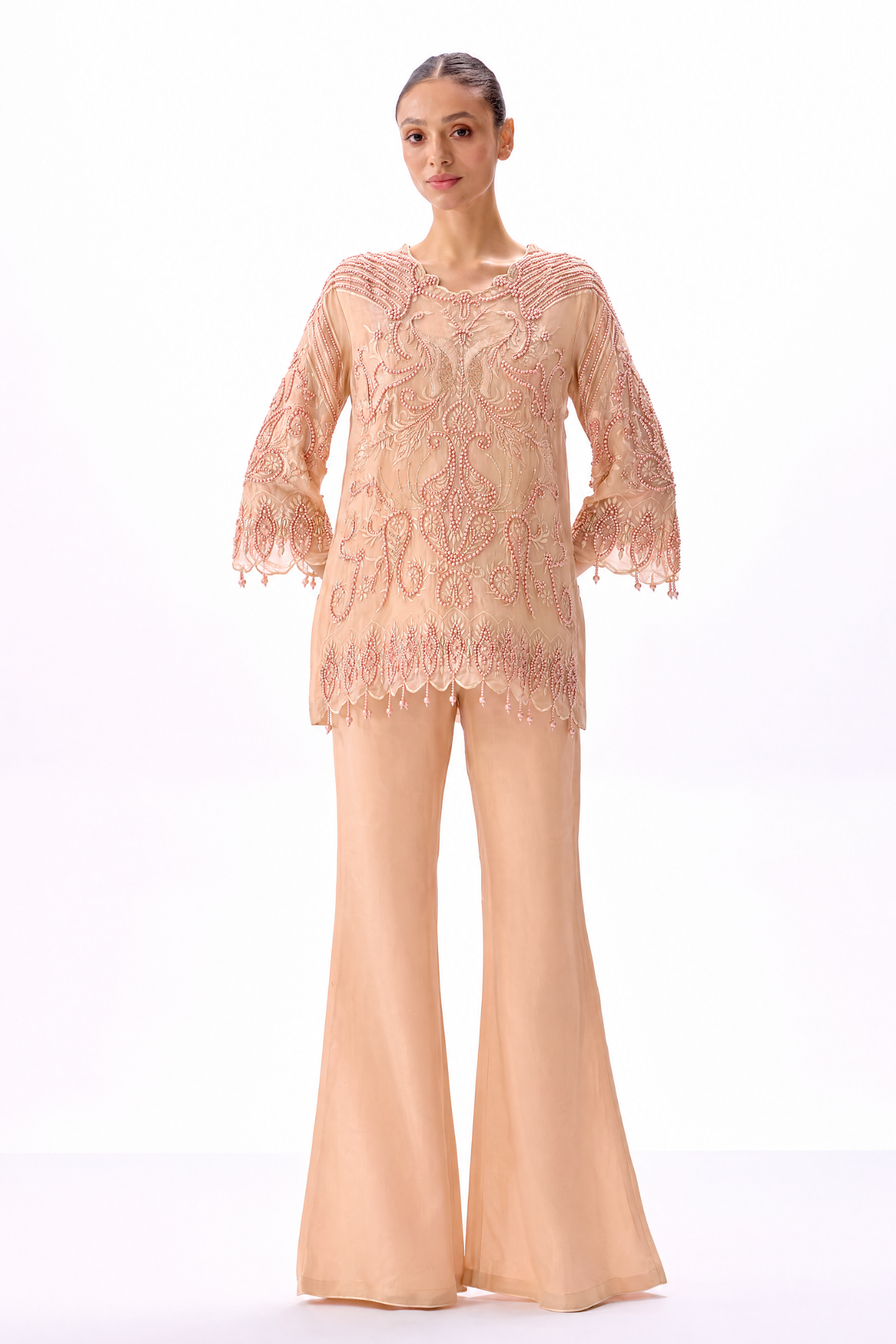 Red net resham kurti set by Dorie Atelier — front view