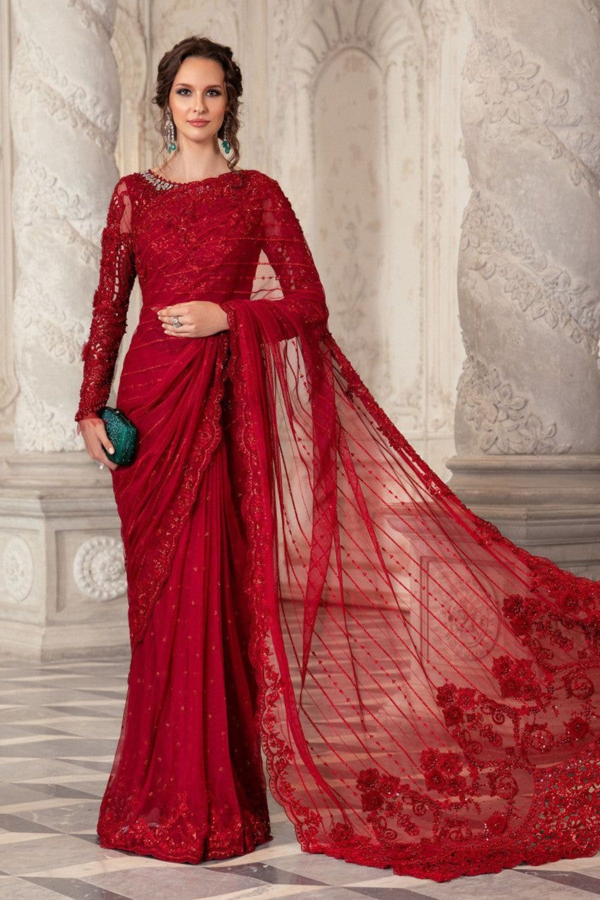 Red Net Embroidered Saree - Dorie