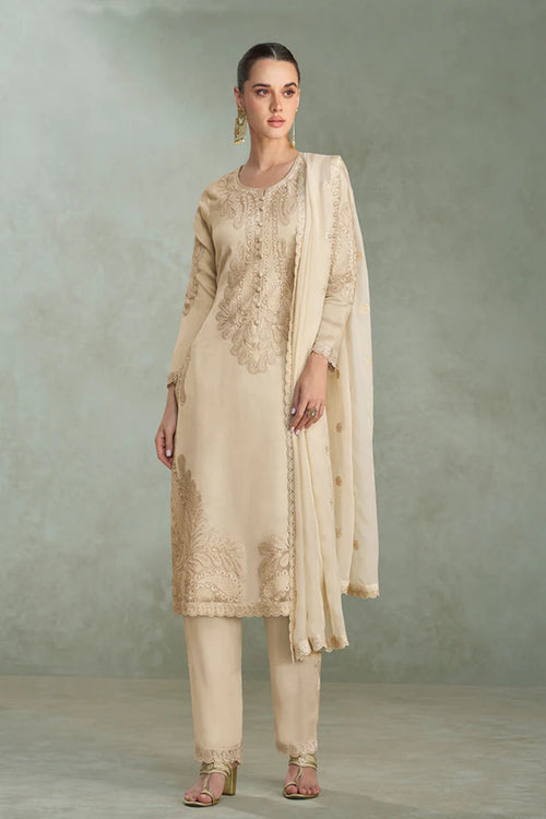 Elin Crema Embroidered Chinon Silk Set
