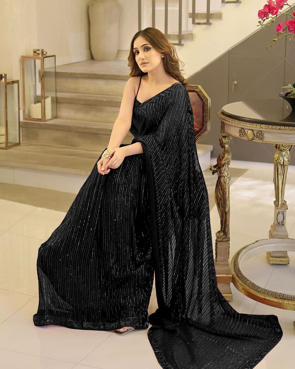 Black Pleated Chiffon Saree - Dorie