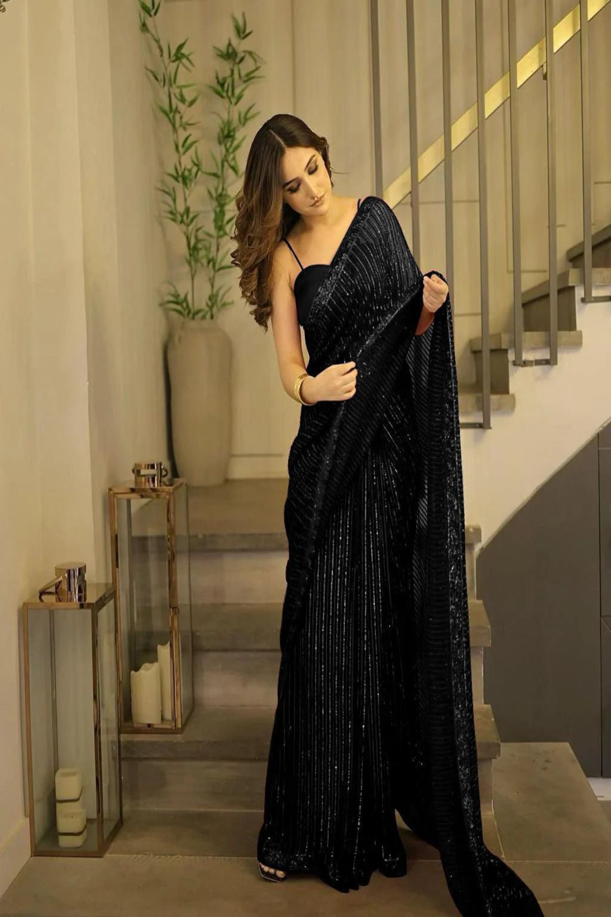 Black Pleated Chiffon Saree - Dorie