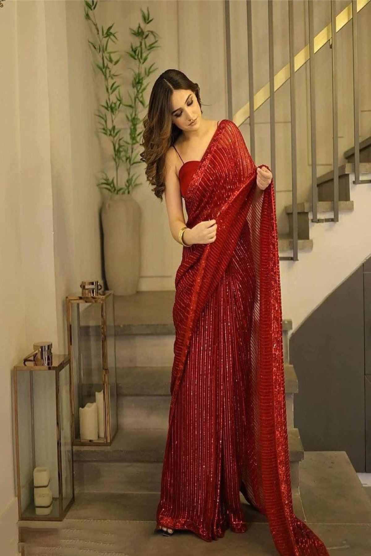 Red Pleated Chiffon Sequin Saree - Dorie