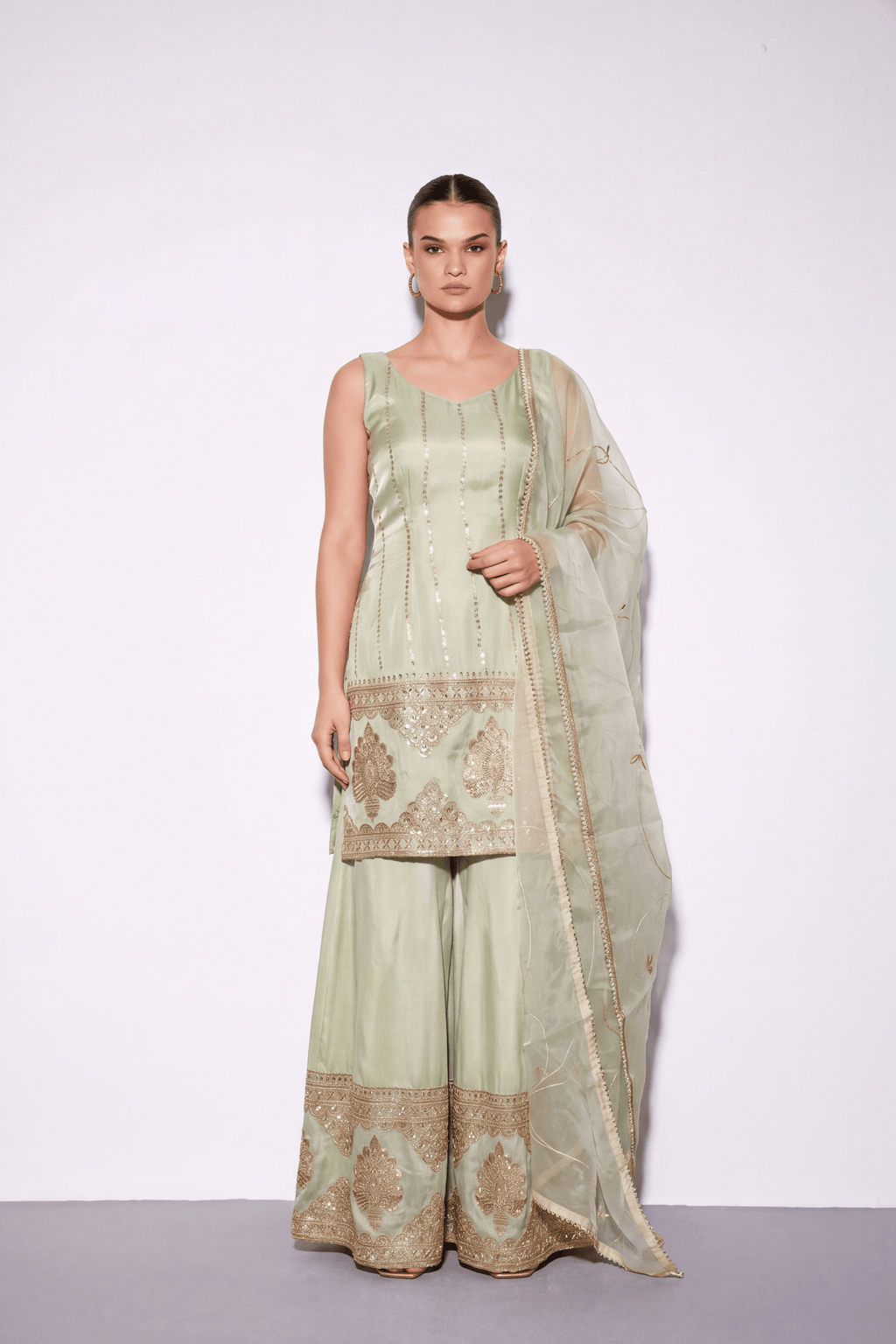 Sage Zari Sharara Set - Dorie Atelier