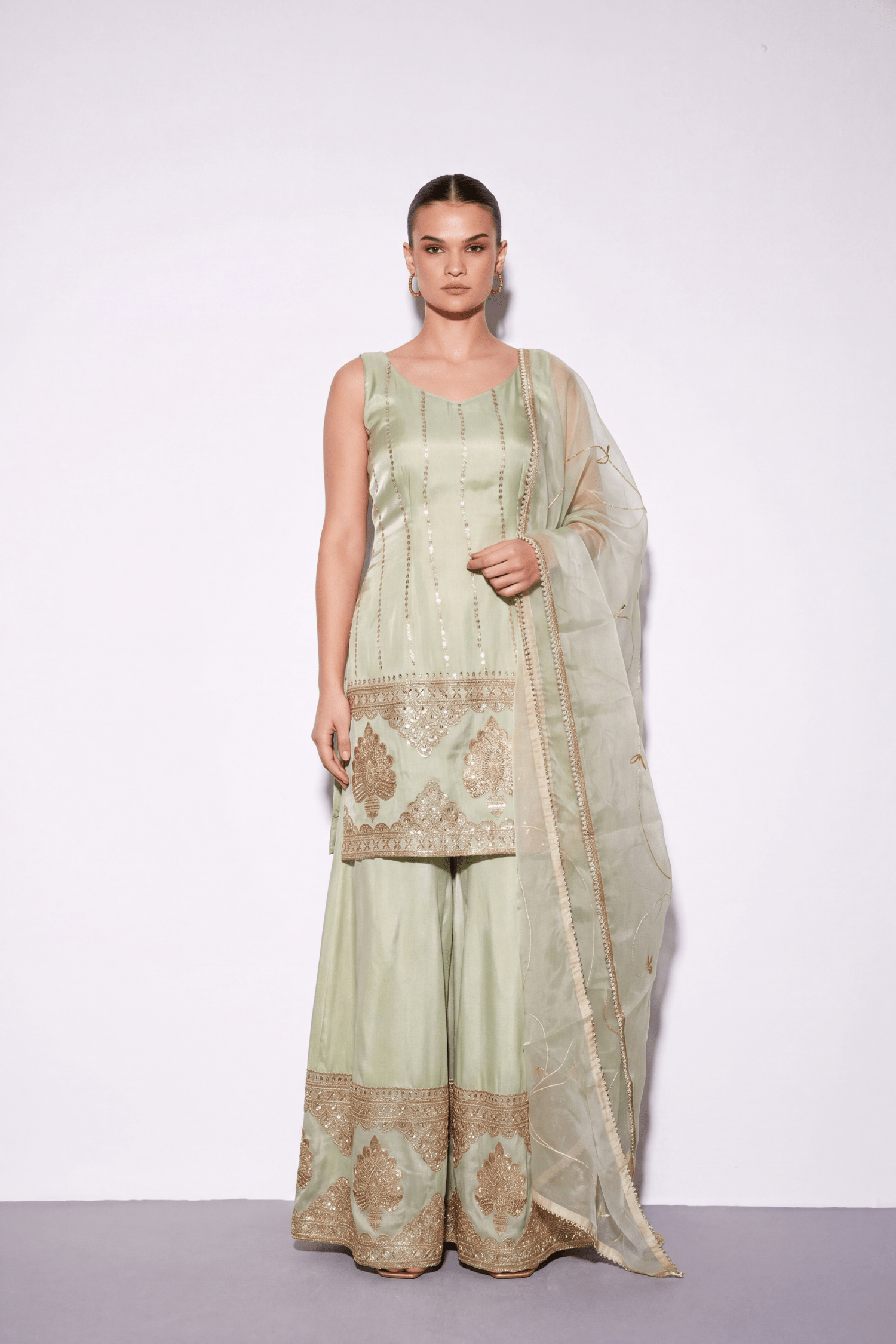 Sage Zari Sharara Set - Dorie Atelier