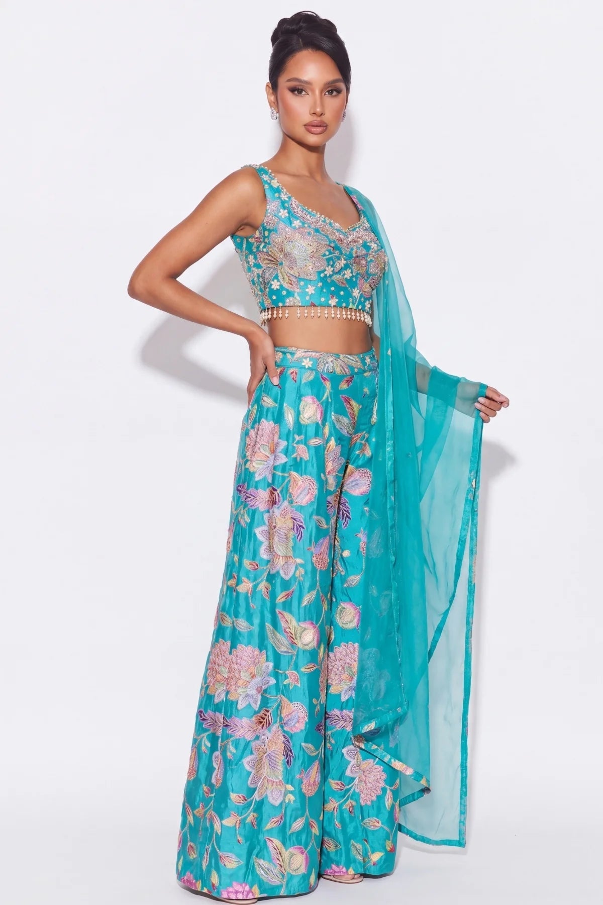 Turquoise Fleuri Palazzo Set - Dorie Atelier