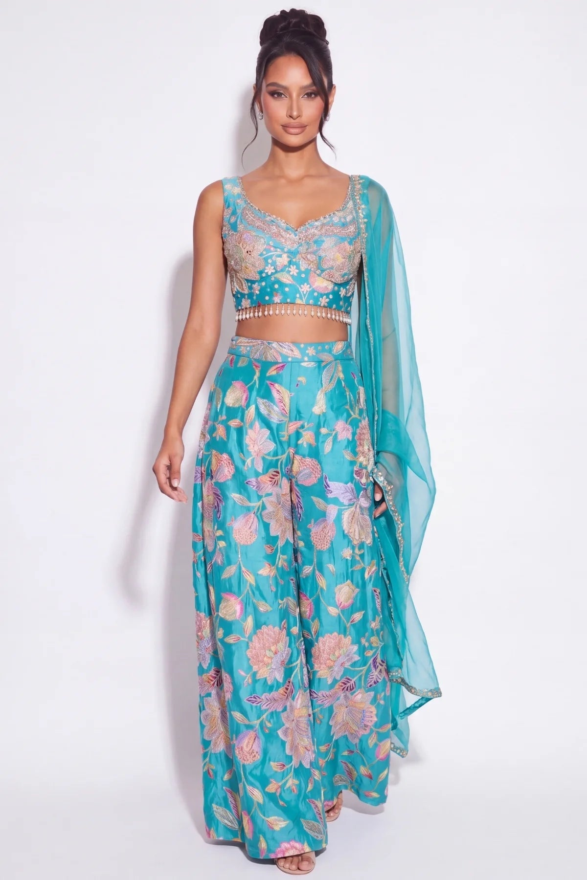 Turquoise Fleuri Palazzo Set - Dorie Atelier
