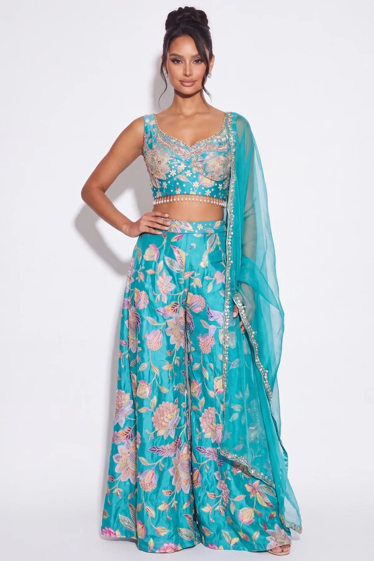 Turquoise Fleuri Palazzo Set - Dorie Atelier