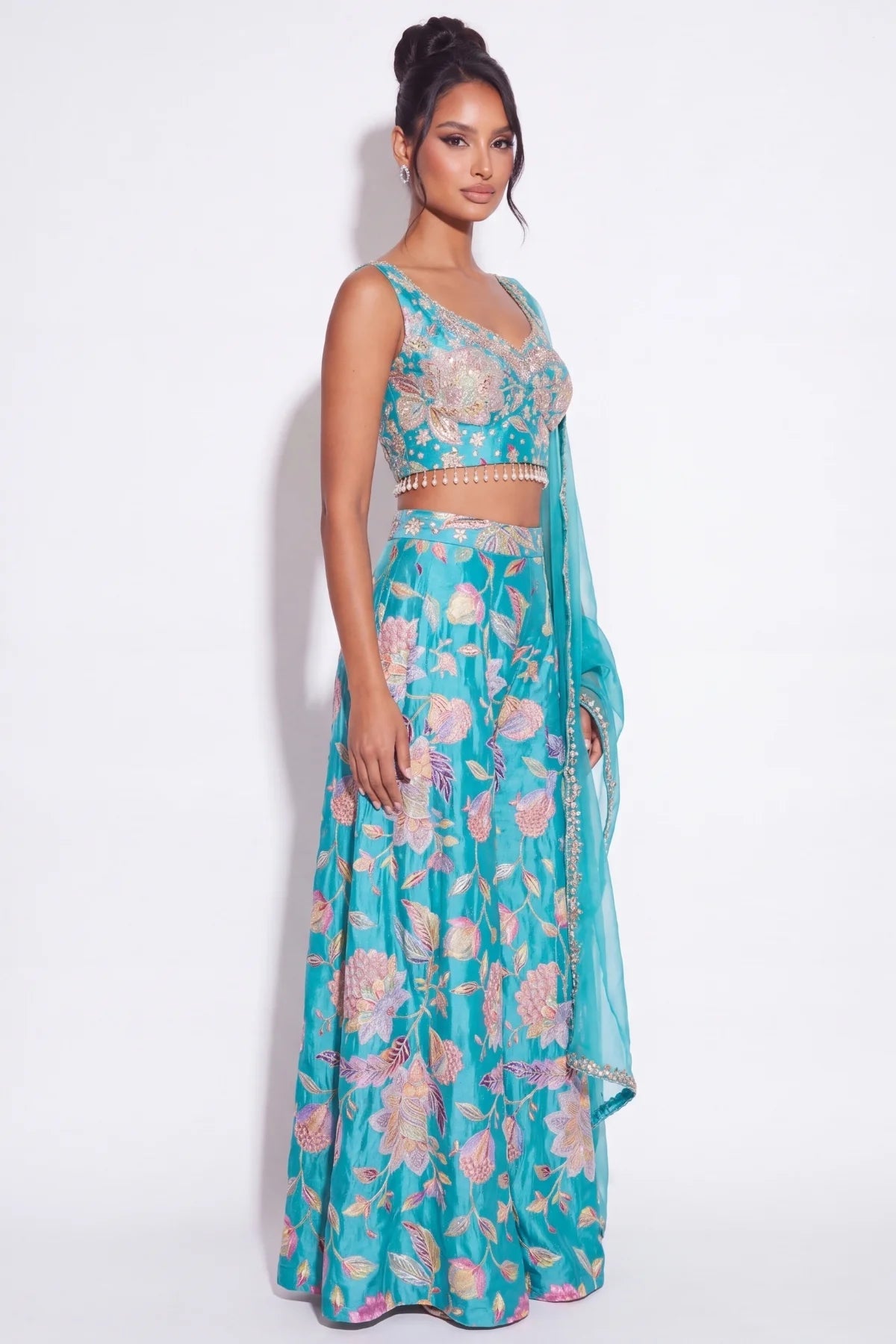 Turquoise Fleuri Palazzo Set - Dorie Atelier