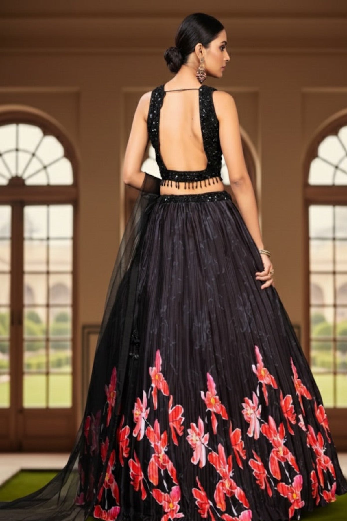 Black Floral Printed Lehenga